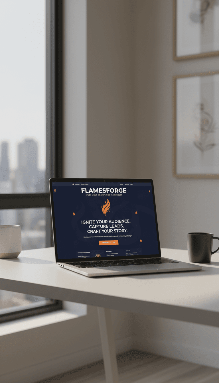 Laptop displaying a crowdfunding landing page design in a modern workspace.