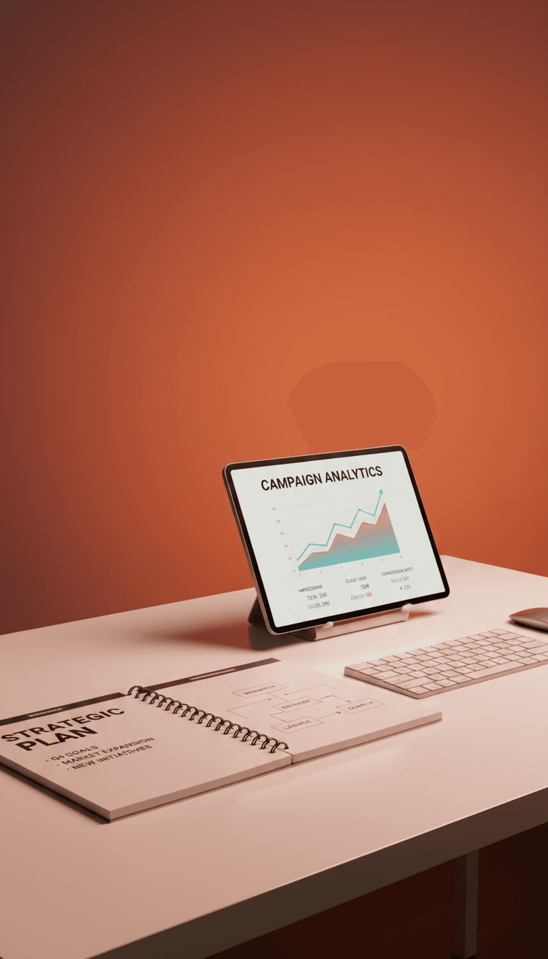A modern workspace with a notebook and tablet displaying campaign strategy and analytics
