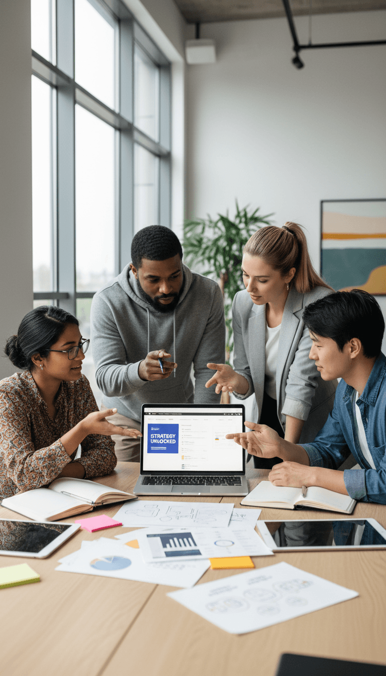 Creative team reviewing campaign strategy around a laptop