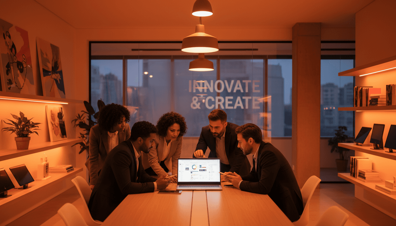 team of creators planning a crowdfunding campaign around a laptop in a modern bright office
