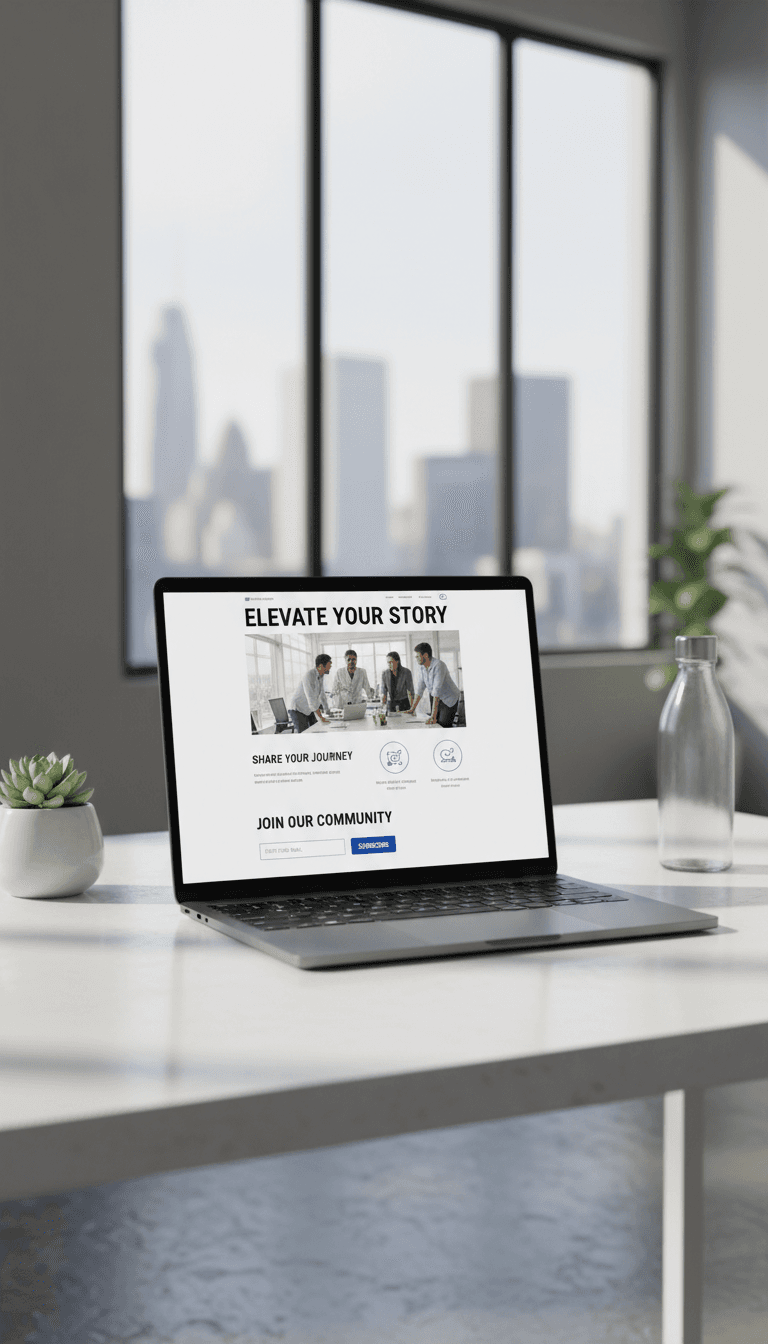 Modern laptop showing a professional landing page design in a bright office setting