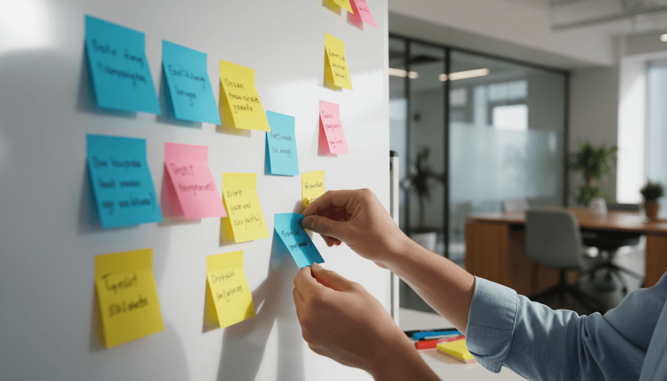 Team planning campaign strategy with sticky notes
