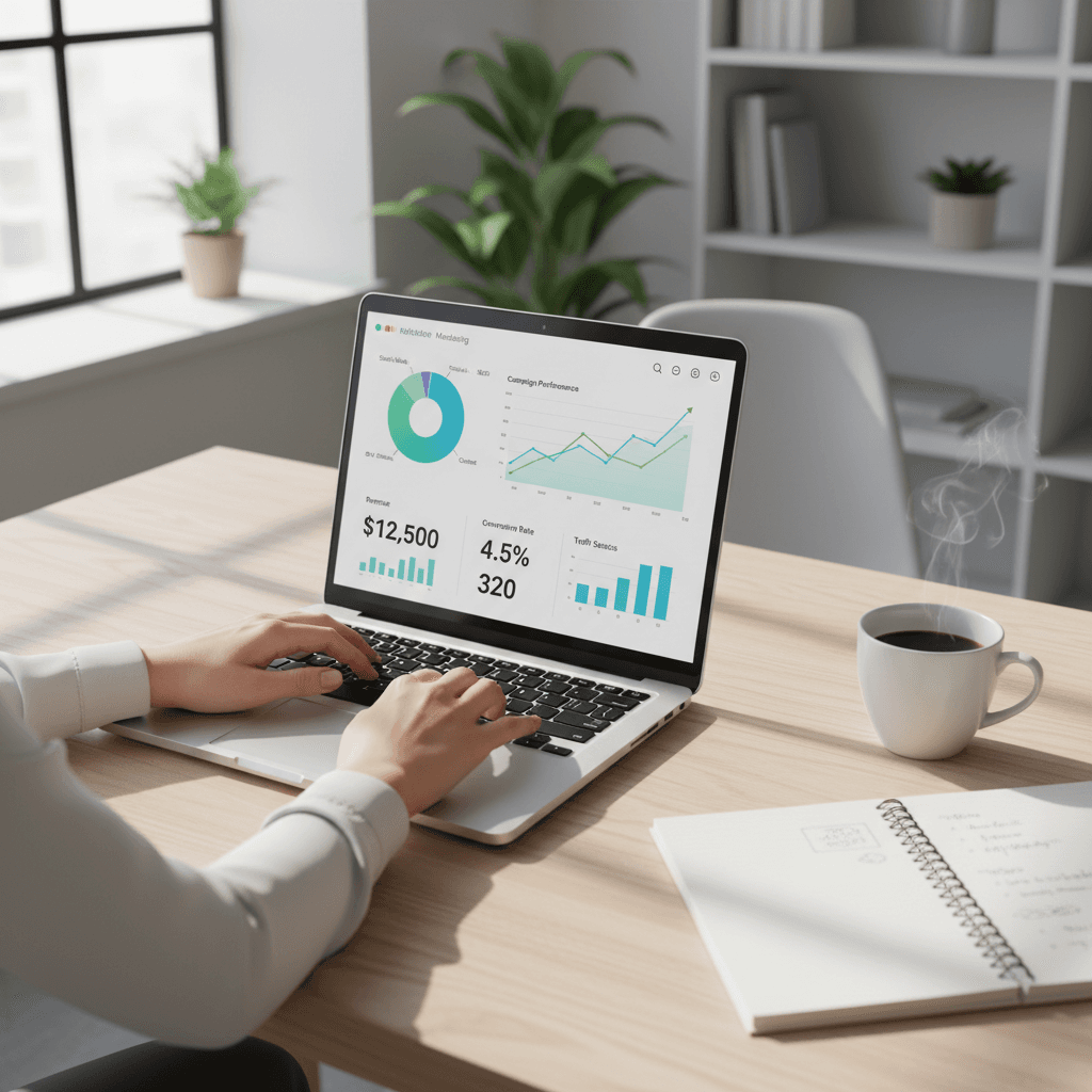 professional working on laptop with campaign data in a modern office