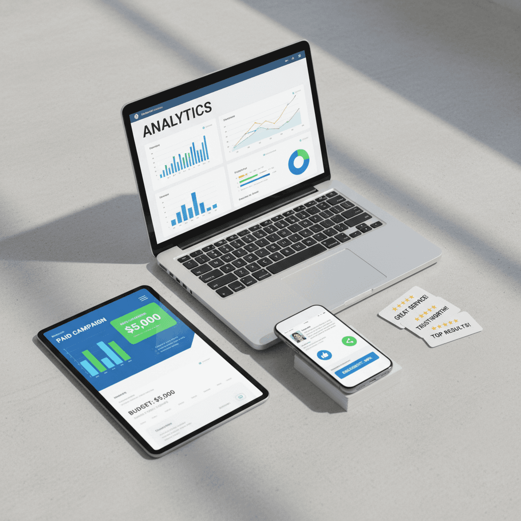 Collection of digital devices displaying integrated marketing channels including social media, analytics, paid ads, and reputation management