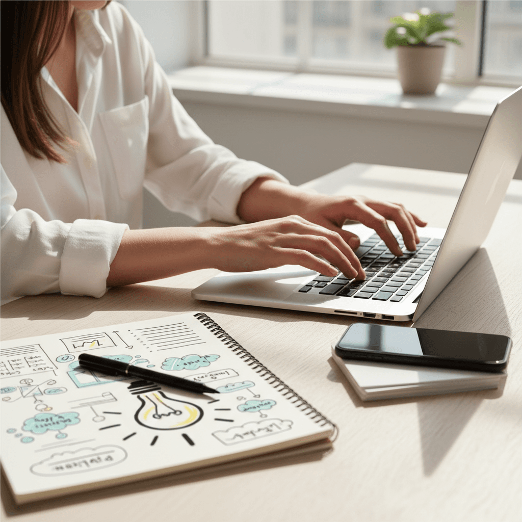 A desk with a laptop and strategy notes representing an agency planning session